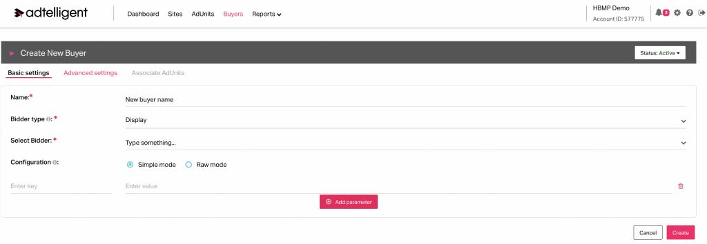 Buyer / Adapter settings on Adtelligent Header Bidding Platform